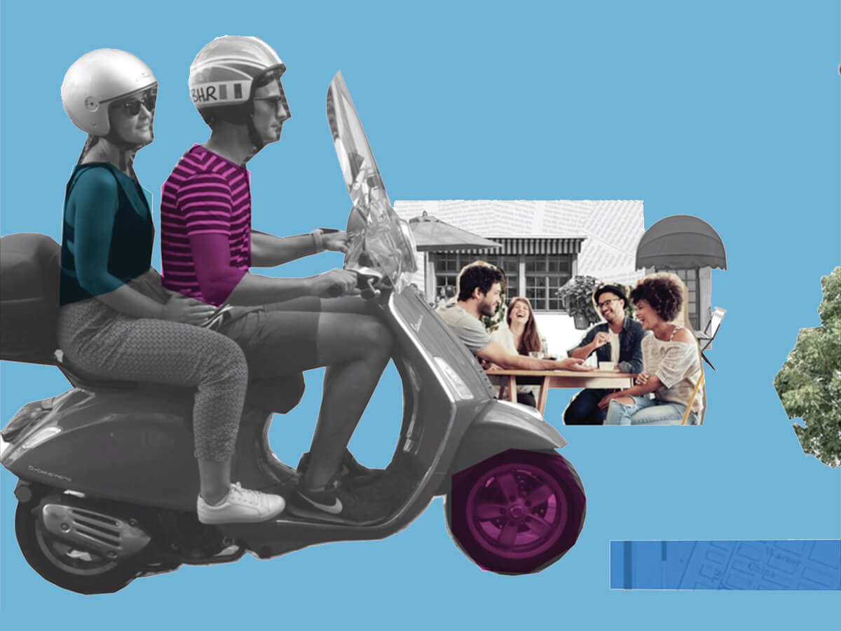 collage of man and woman on scooter