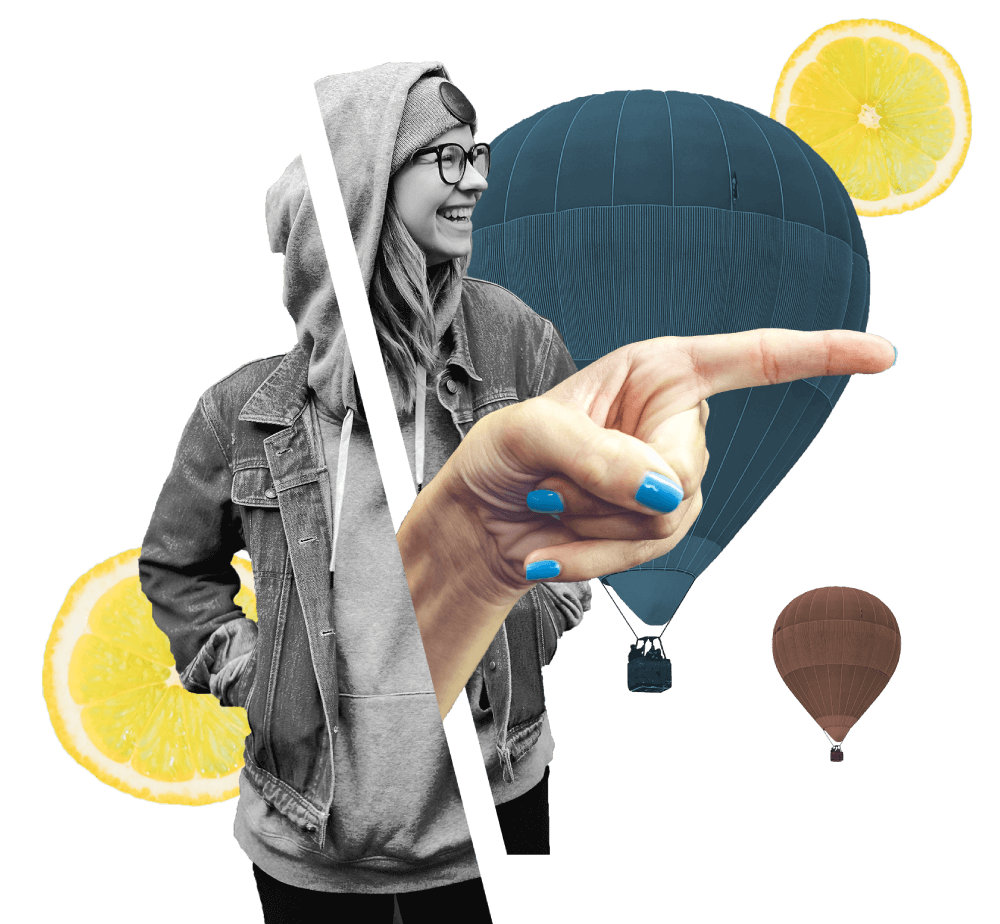 collage with woman, hot air balloon and lemons
