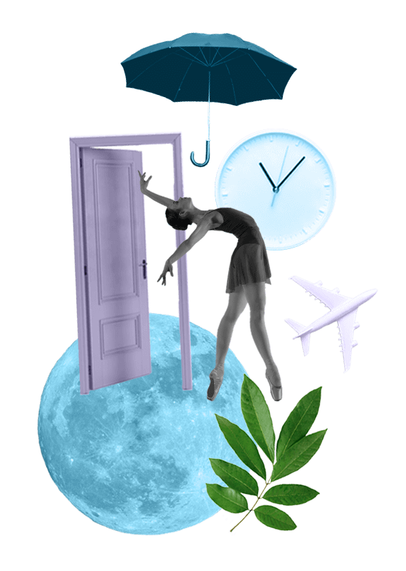 Collage with ballerina, moon, umbrella and door