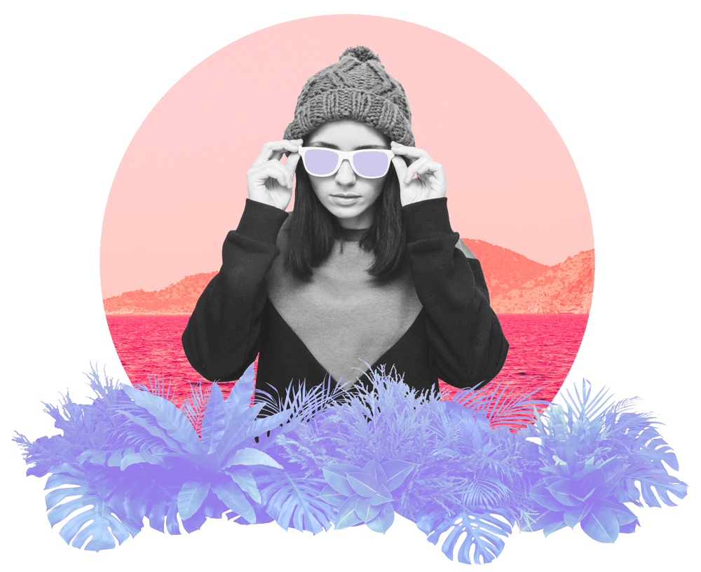 collage with woman, sunglasses, plants and circular background