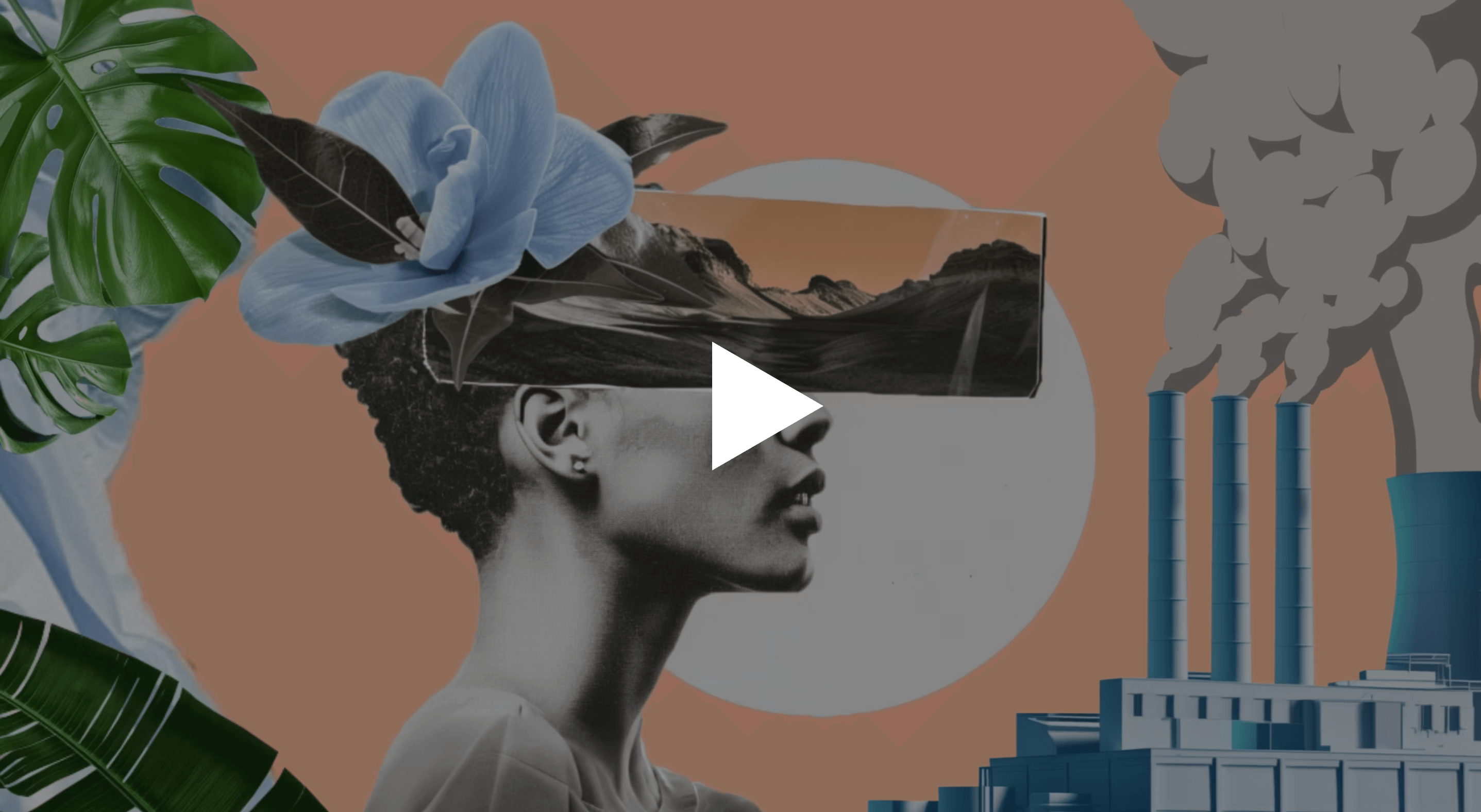 Collage with woman, plants, and factory