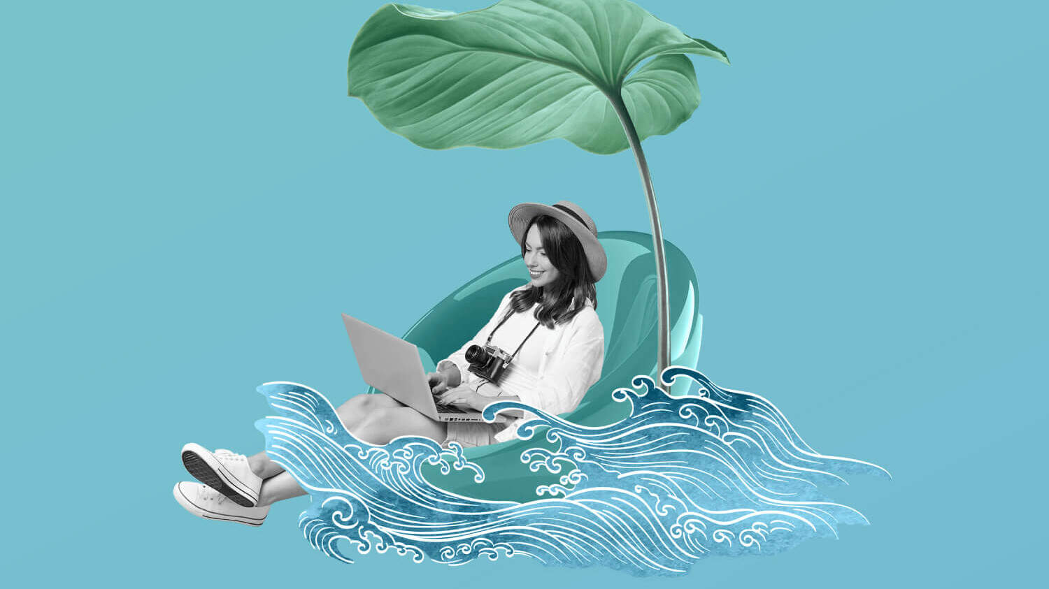 collage with woman in water and laptop
