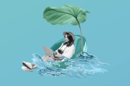 collage with woman in water and laptop