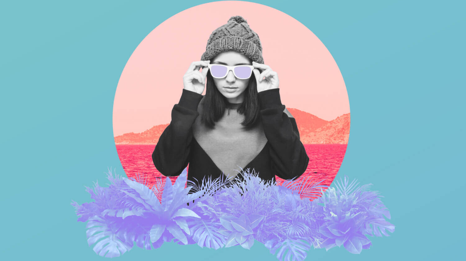collage with woman, sunglasses, plants and circular background
