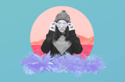 collage with woman, sunglasses, plants and circular background
