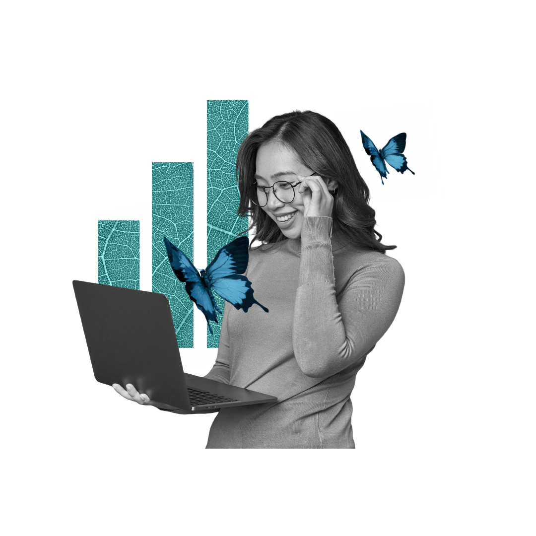 Collage of woman looking at laptop with butterflies